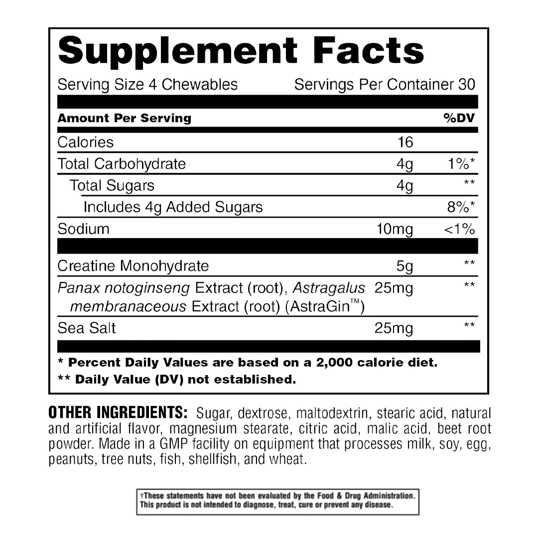 UNIVERSAL: ANIMAL CREATINE PERFORMANCE CHEWS, GREEN APPLE Supplement Facts